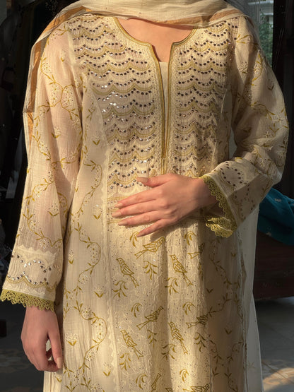Ivory & Sage Green Mul Chanderi Mukaish Kamdani Chikankari Kurta Set