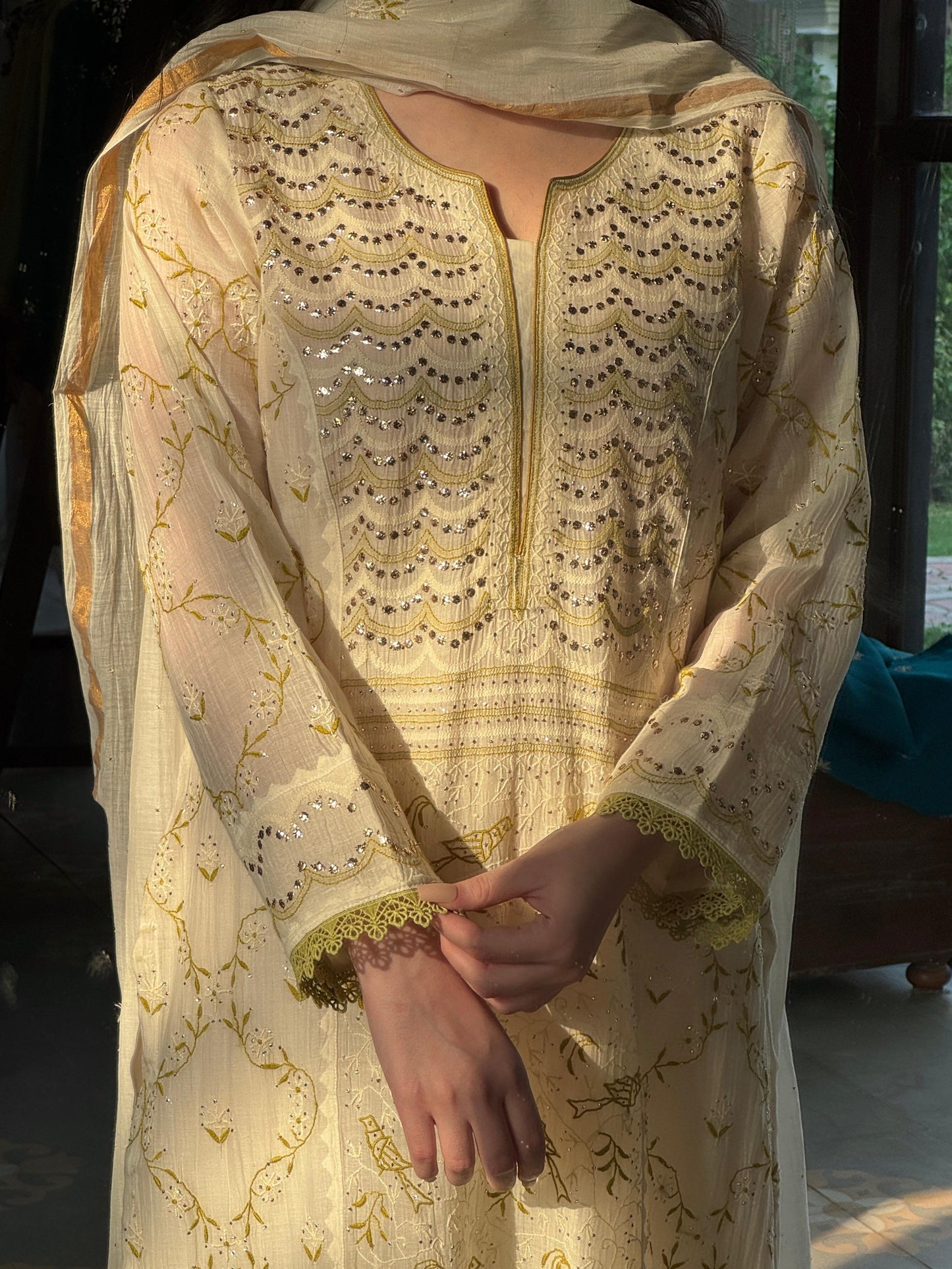 Ivory & Sage Green Mul Chanderi Mukaish Kamdani Chikankari Kurta Set
