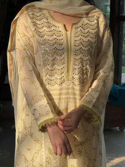 Ivory & Sage Green Mul Chanderi Mukaish Kamdani Chikankari Kurta Set