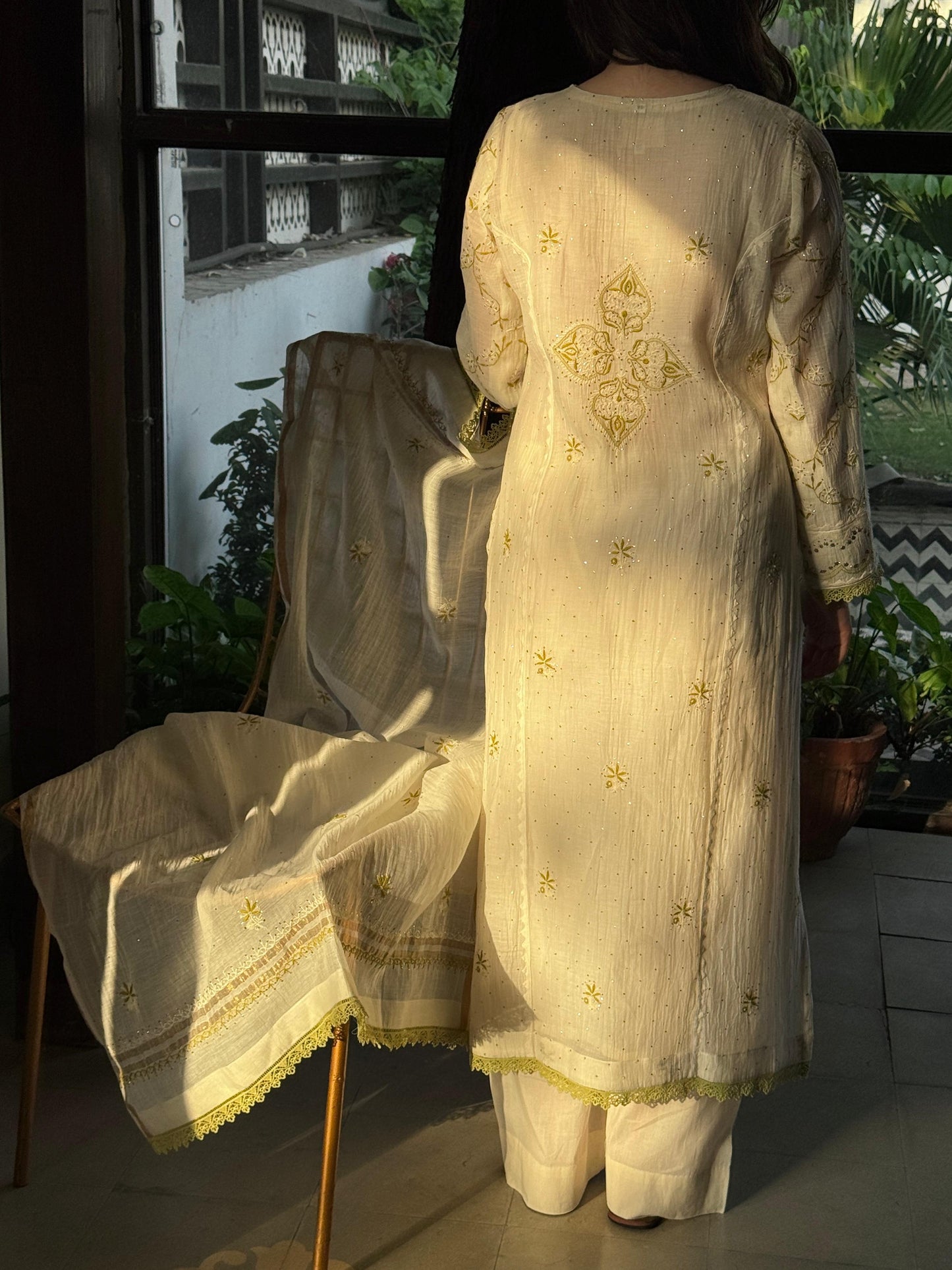 Ivory & Sage Green Mul Chanderi Mukaish Kamdani Chikankari Kurta Set