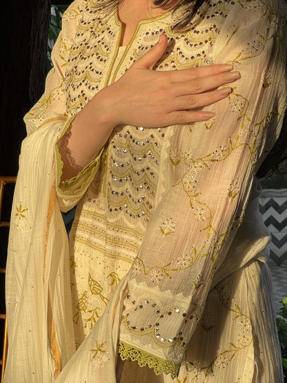 Ivory & Sage Green Mul Chanderi Mukaish Kamdani Chikankari Kurta Set
