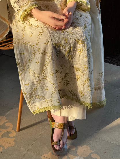 Ivory & Sage Green Mul Chanderi Mukaish Kamdani Chikankari Kurta Set