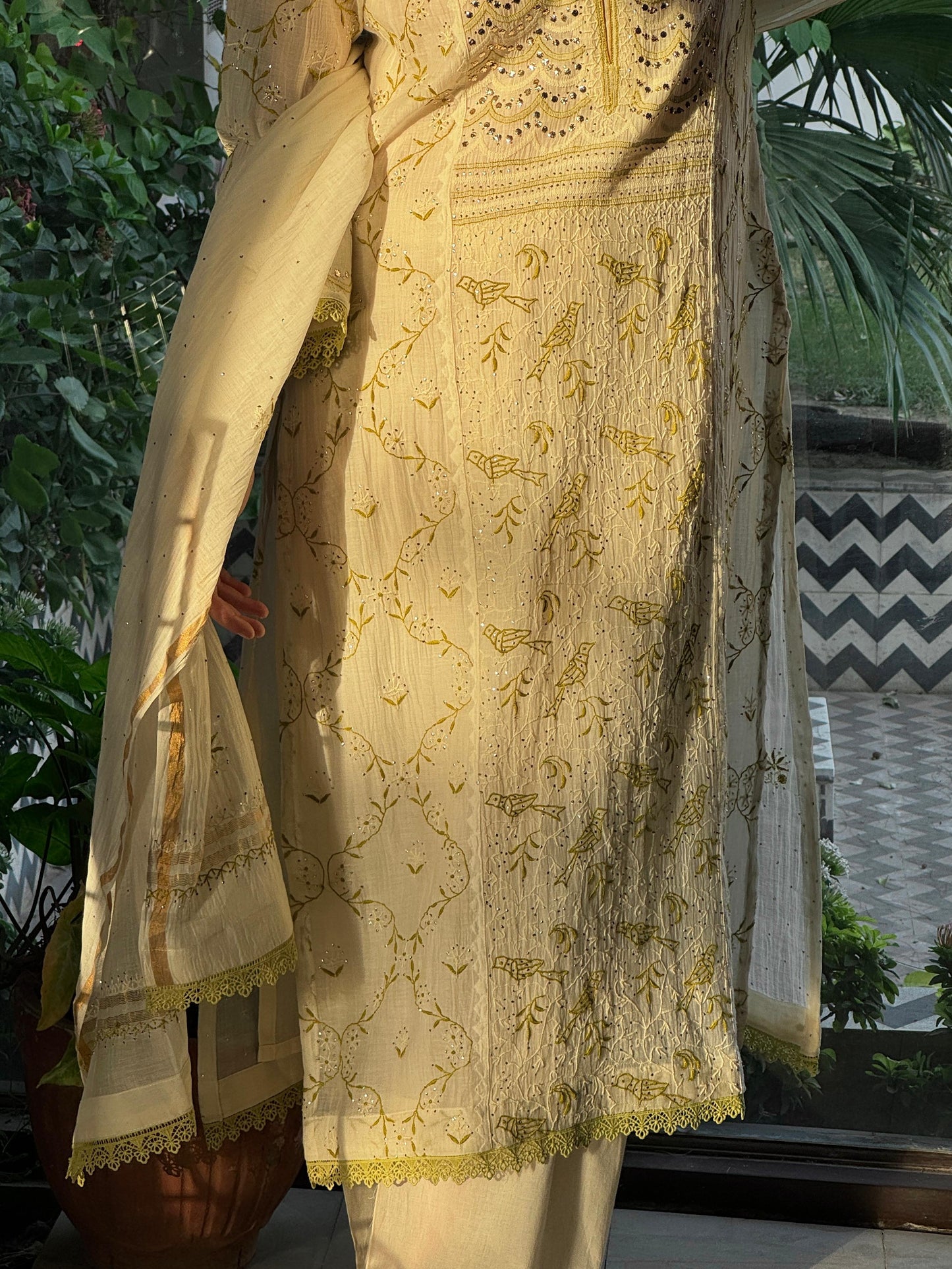 Ivory & Sage Green Mul Chanderi Mukaish Kamdani Chikankari Kurta Set