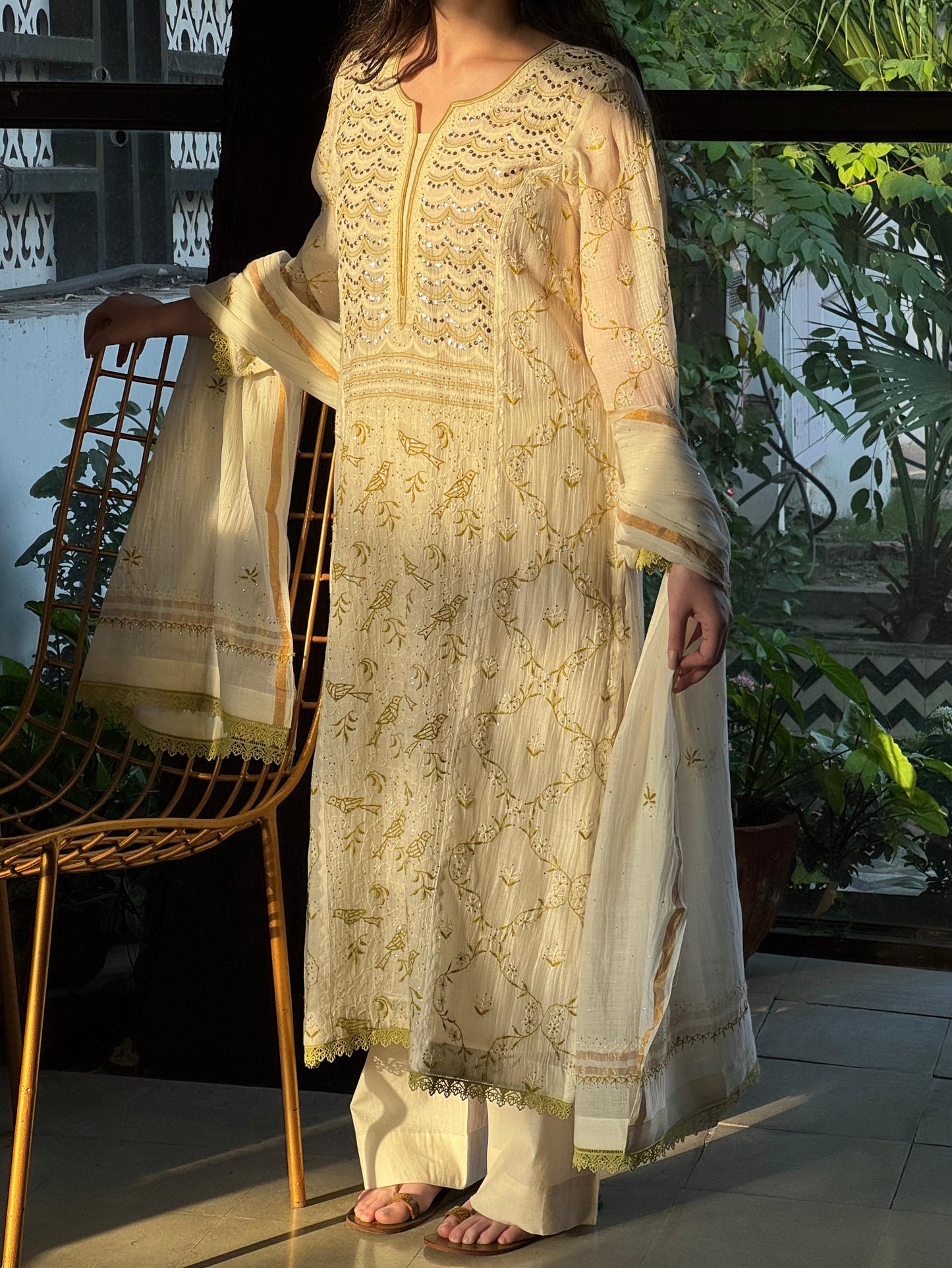 Ivory & Sage Green Mul Chanderi Mukaish Kamdani Chikankari Kurta Set
