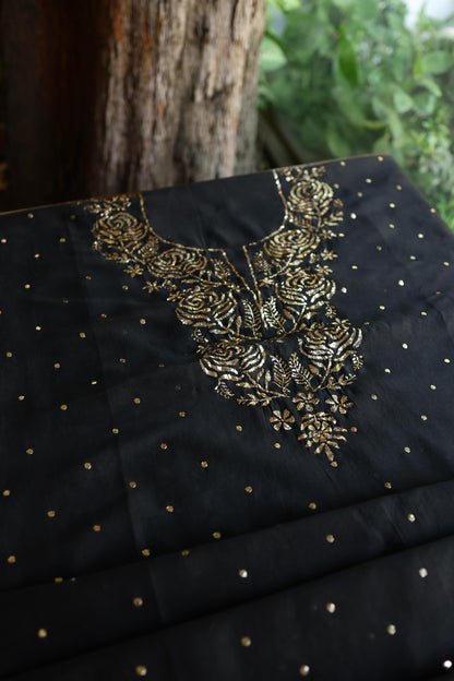 Jet Black Chanderi Silk Mukaish Badla Unstitched Fabric