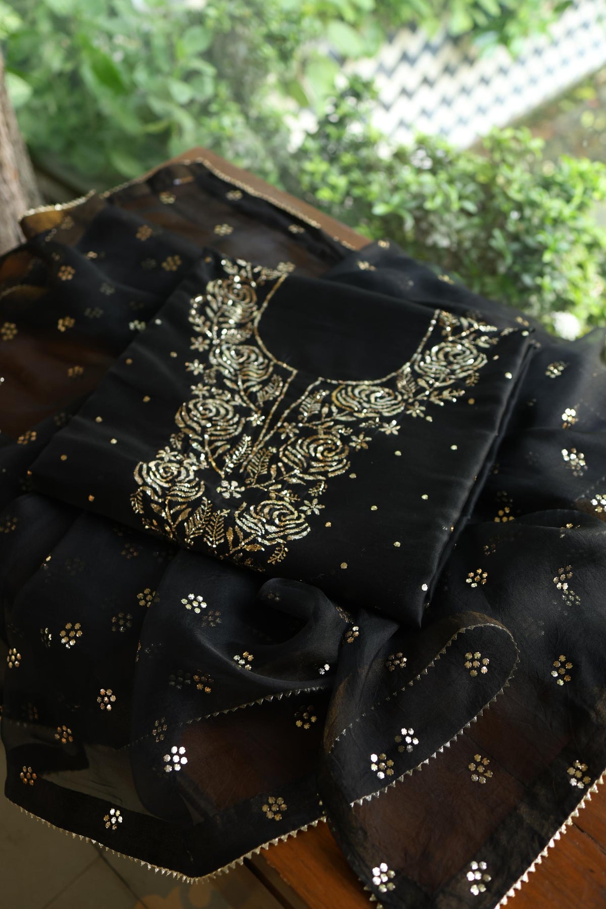 Jet Black Chanderi Silk Mukaish Badla Unstitched Fabric