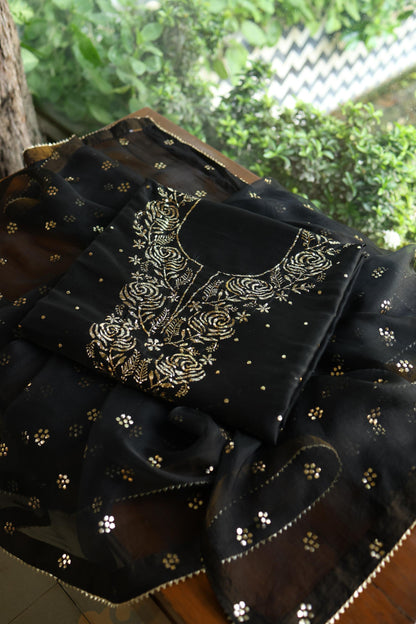 Jet Black Chanderi Silk Mukaish Badla Unstitched Fabric