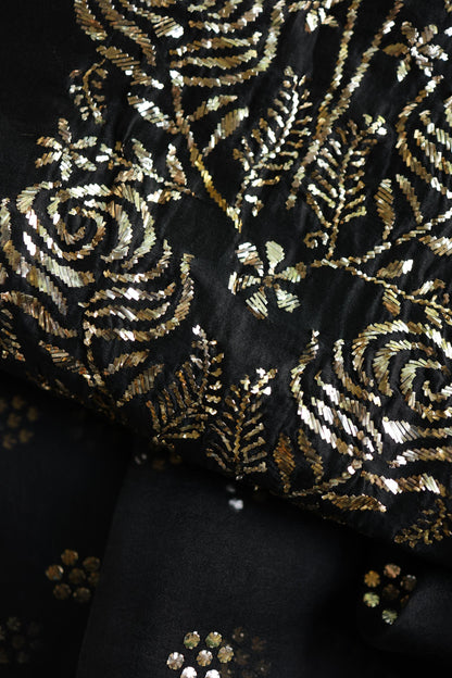 Jet Black Chanderi Silk Mukaish Badla Unstitched Fabric