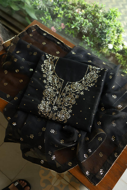 Jet Black Chanderi Silk Mukaish Badla Unstitched Fabric