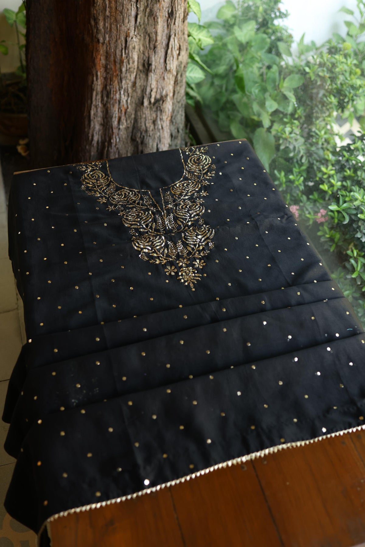Jet Black Chanderi Silk Mukaish Badla Unstitched Fabric
