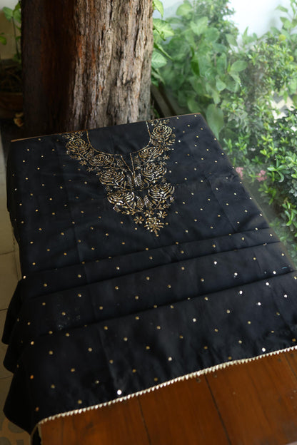 Jet Black Chanderi Silk Mukaish Badla Unstitched Fabric