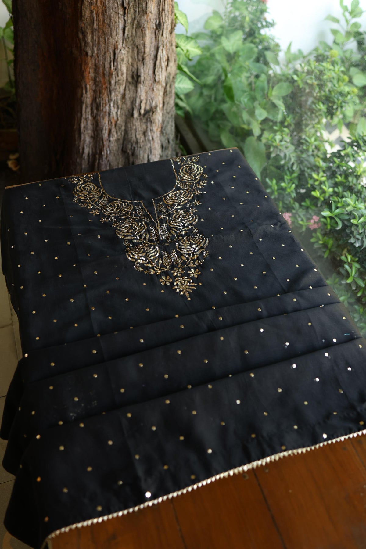 Jet Black Chanderi Silk Mukaish Badla Unstitched Fabric