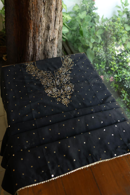 Jet Black Chanderi Silk Mukaish Badla Unstitched Fabric