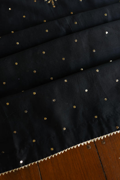 Jet Black Chanderi Silk Mukaish Badla Unstitched Fabric