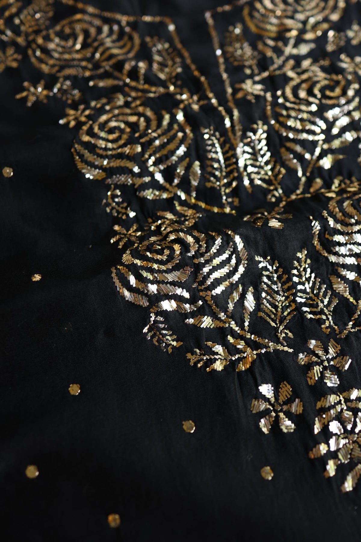 Jet Black Chanderi Silk Mukaish Badla Unstitched Fabric