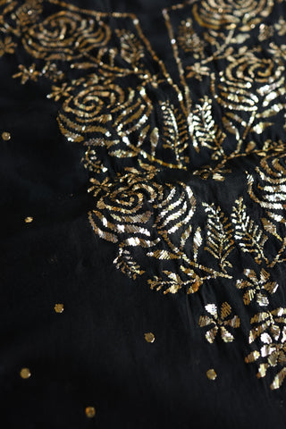 Jet Black Chanderi Silk Mukaish Badla Unstitched Fabric