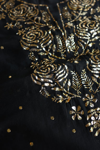 Jet Black Chanderi Silk Mukaish Badla Unstitched Fabric