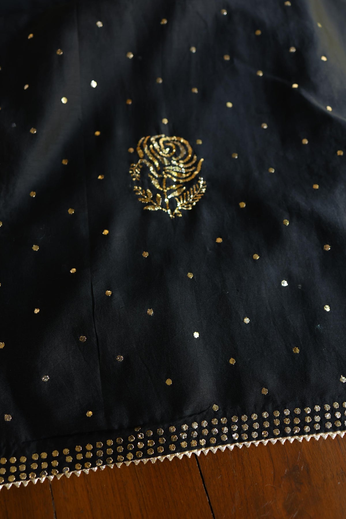 Jet Black Chanderi Silk Mukaish Badla Unstitched Fabric