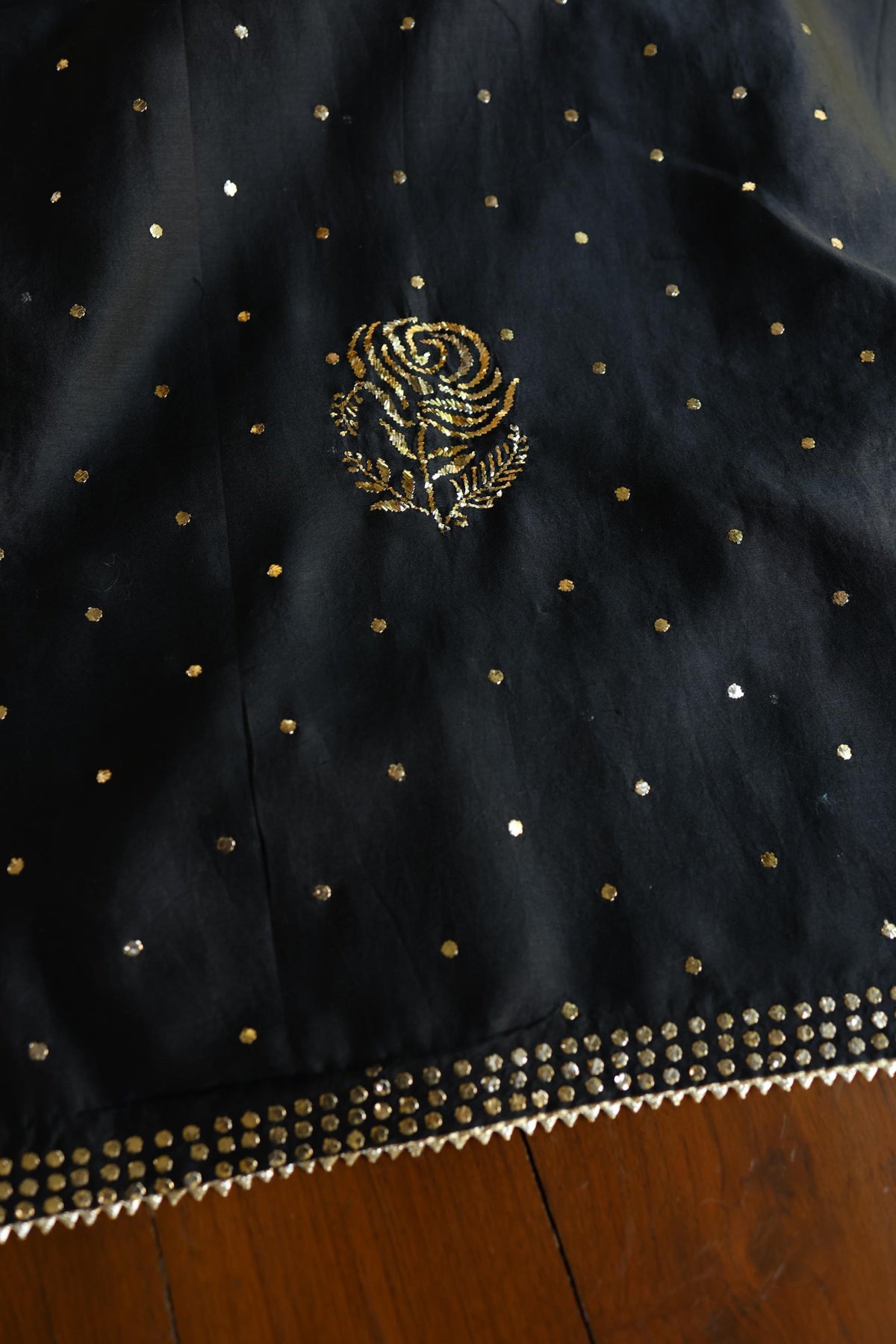 Jet Black Chanderi Silk Mukaish Badla Unstitched Fabric