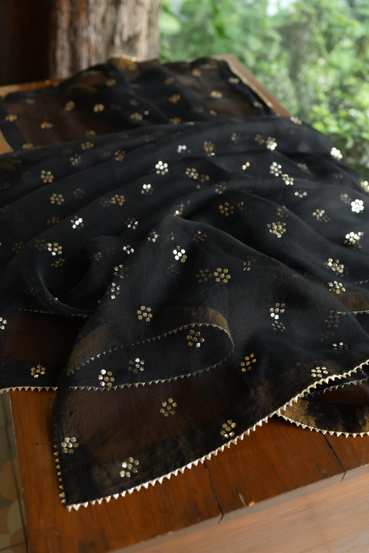 Jet Black Chanderi Silk Mukaish Badla Unstitched Fabric
