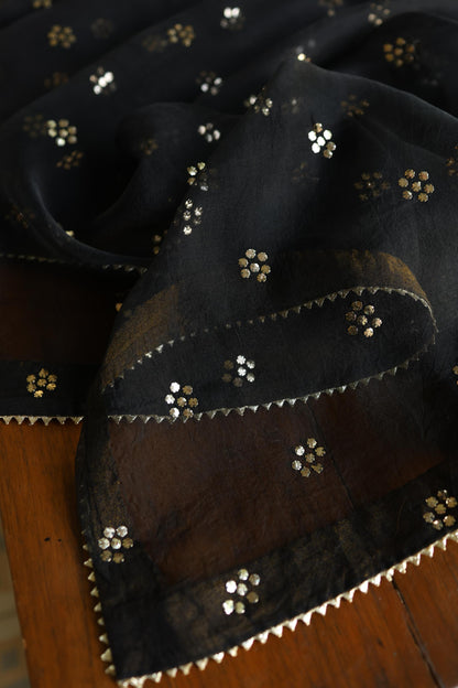 Jet Black Chanderi Silk Mukaish Badla Unstitched Fabric