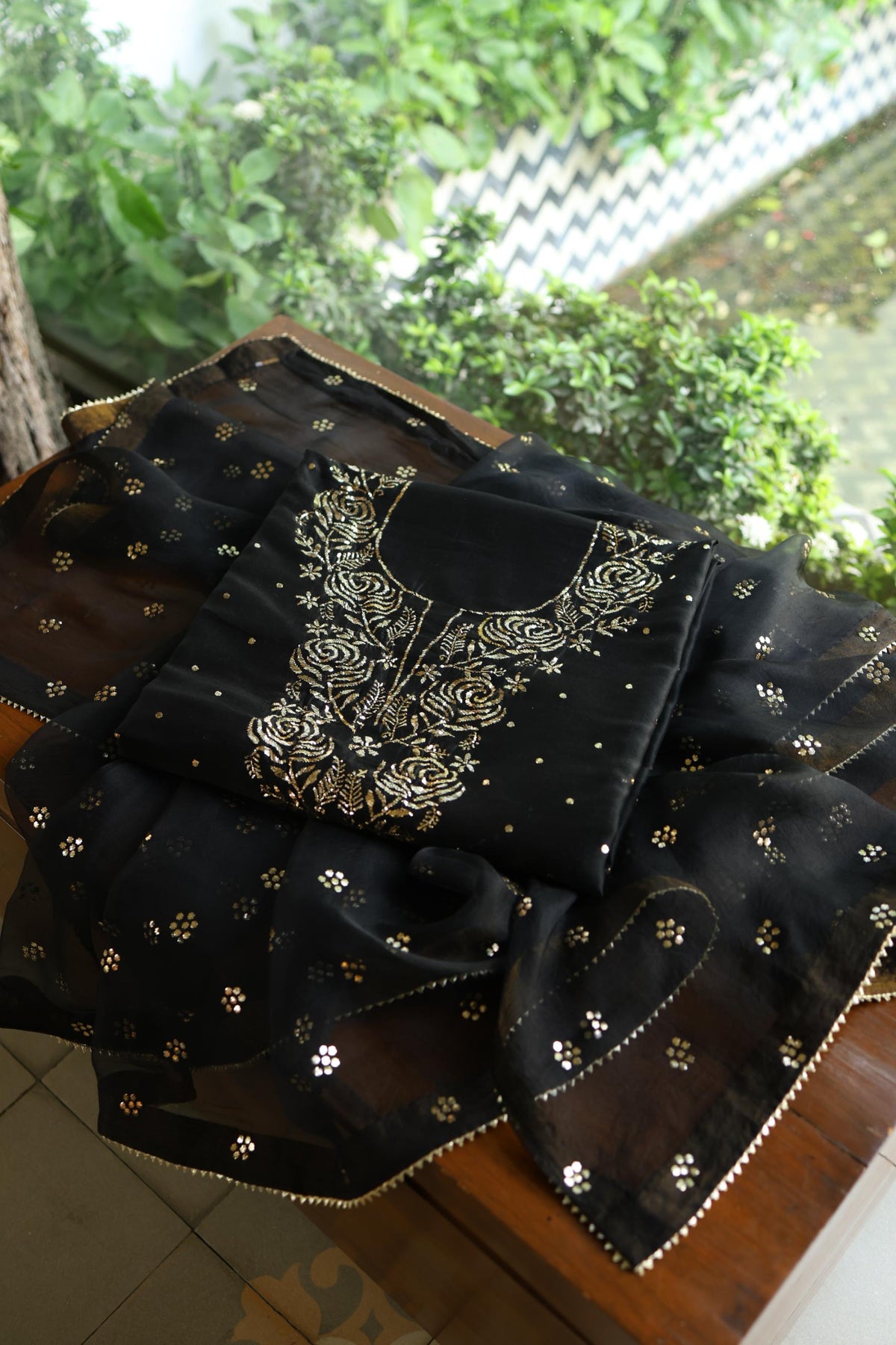 Jet Black Chanderi Silk Mukaish Badla Unstitched Fabric