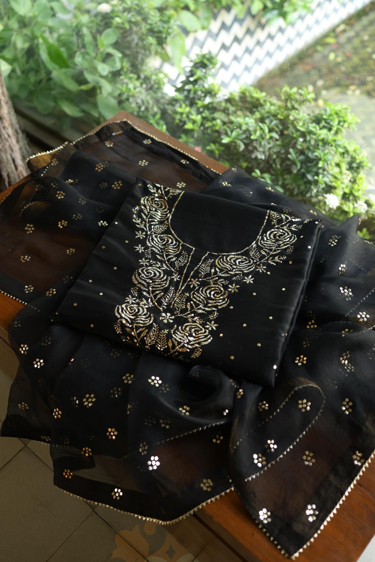 Jet Black Chanderi Silk Mukaish Badla Unstitched Fabric