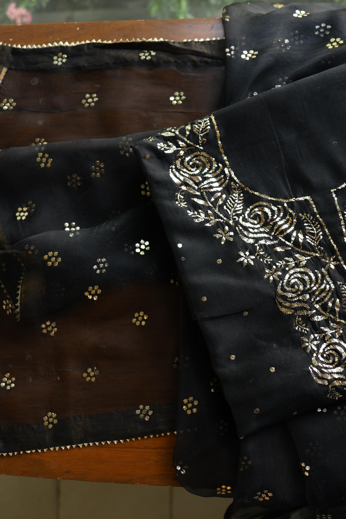 Jet Black Chanderi Silk Mukaish Badla Unstitched Fabric
