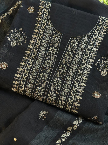 Jet Black Handloom Kota Chikankari Unstitched Kurta Dupatta Set