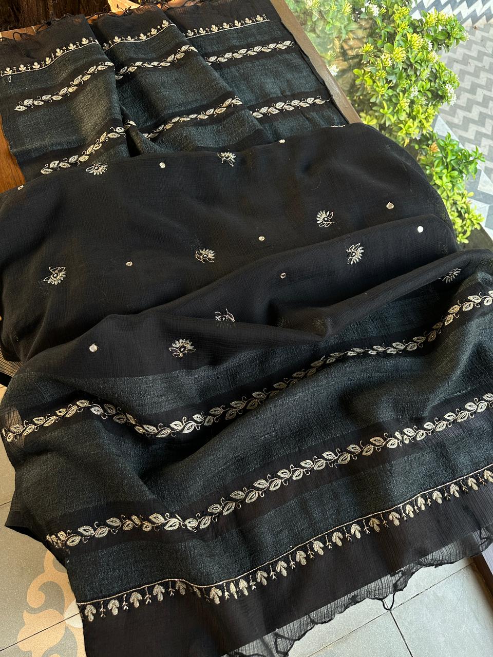 Jet Black Handloom Kota Chikankari Unstitched Kurta Dupatta Set