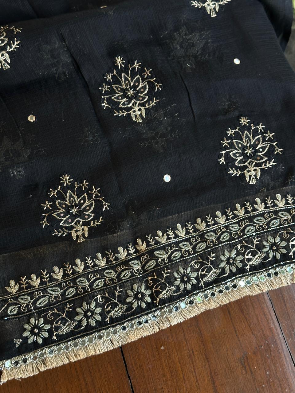 Jet Black Handloom Kota Chikankari Unstitched Kurta Dupatta Set