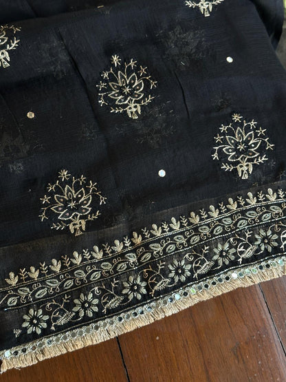 Jet Black Handloom Kota Chikankari Unstitched Kurta Dupatta Set