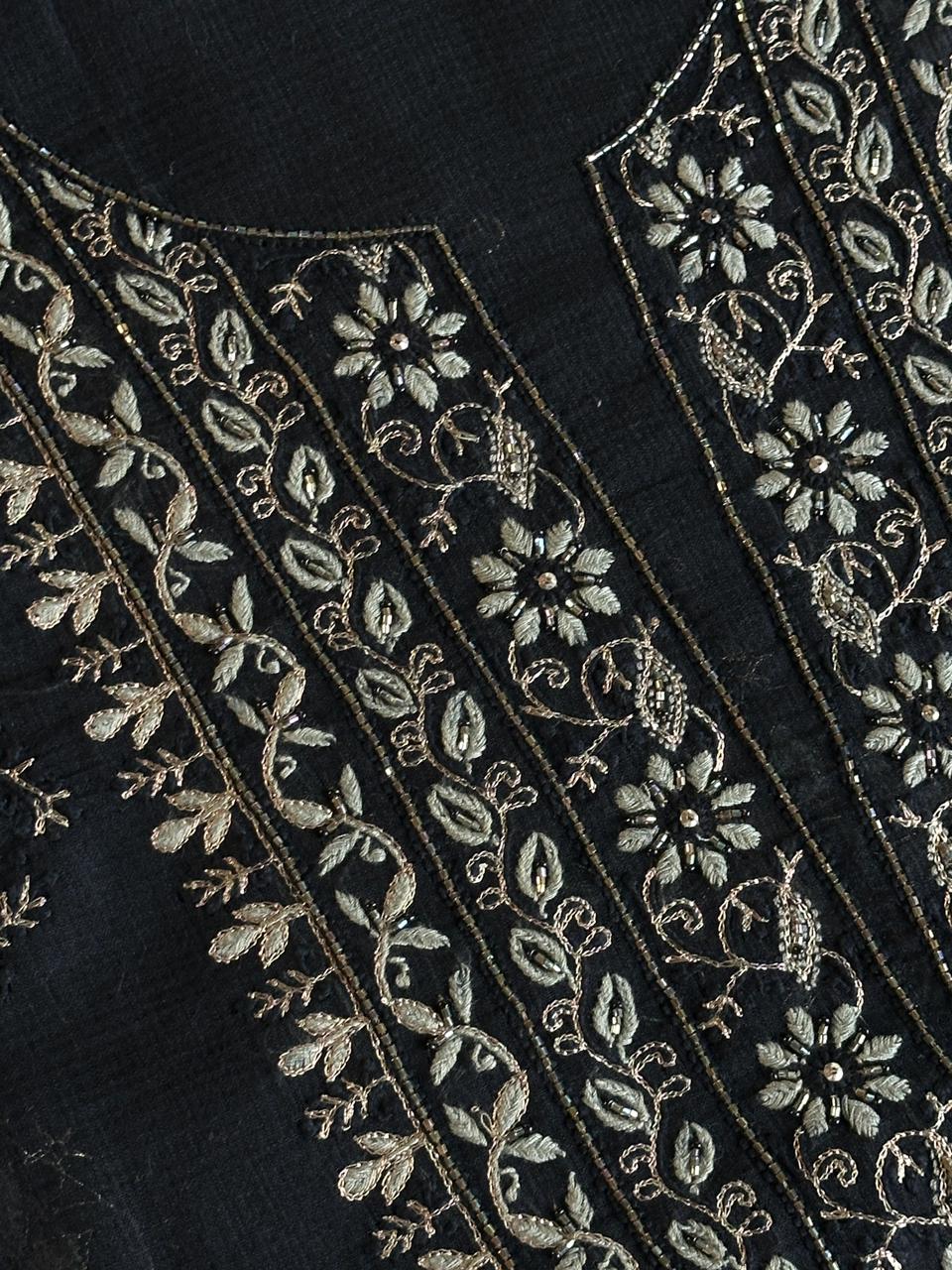 Jet Black Handloom Kota Chikankari Unstitched Kurta Dupatta Set