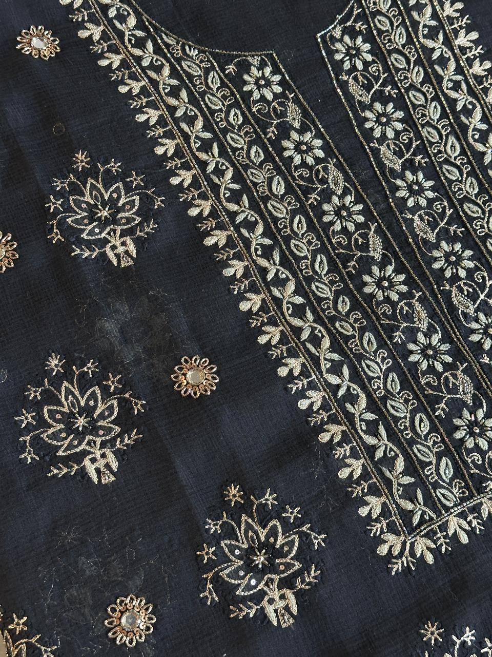 Jet Black Handloom Kota Chikankari Unstitched Kurta Dupatta Set