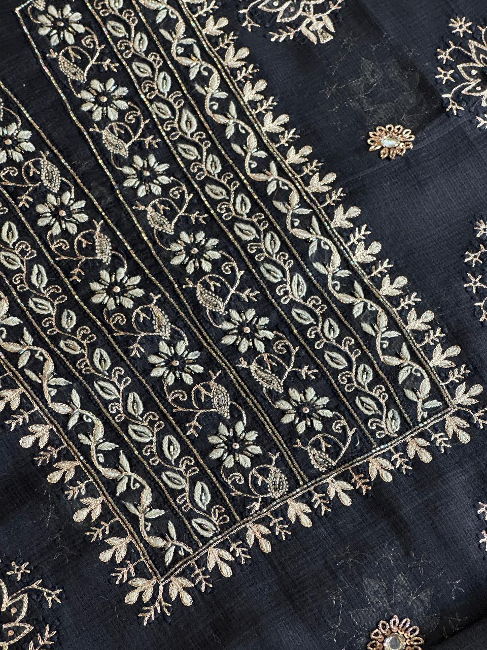 Jet Black Handloom Kota Chikankari Unstitched Kurta Dupatta Set