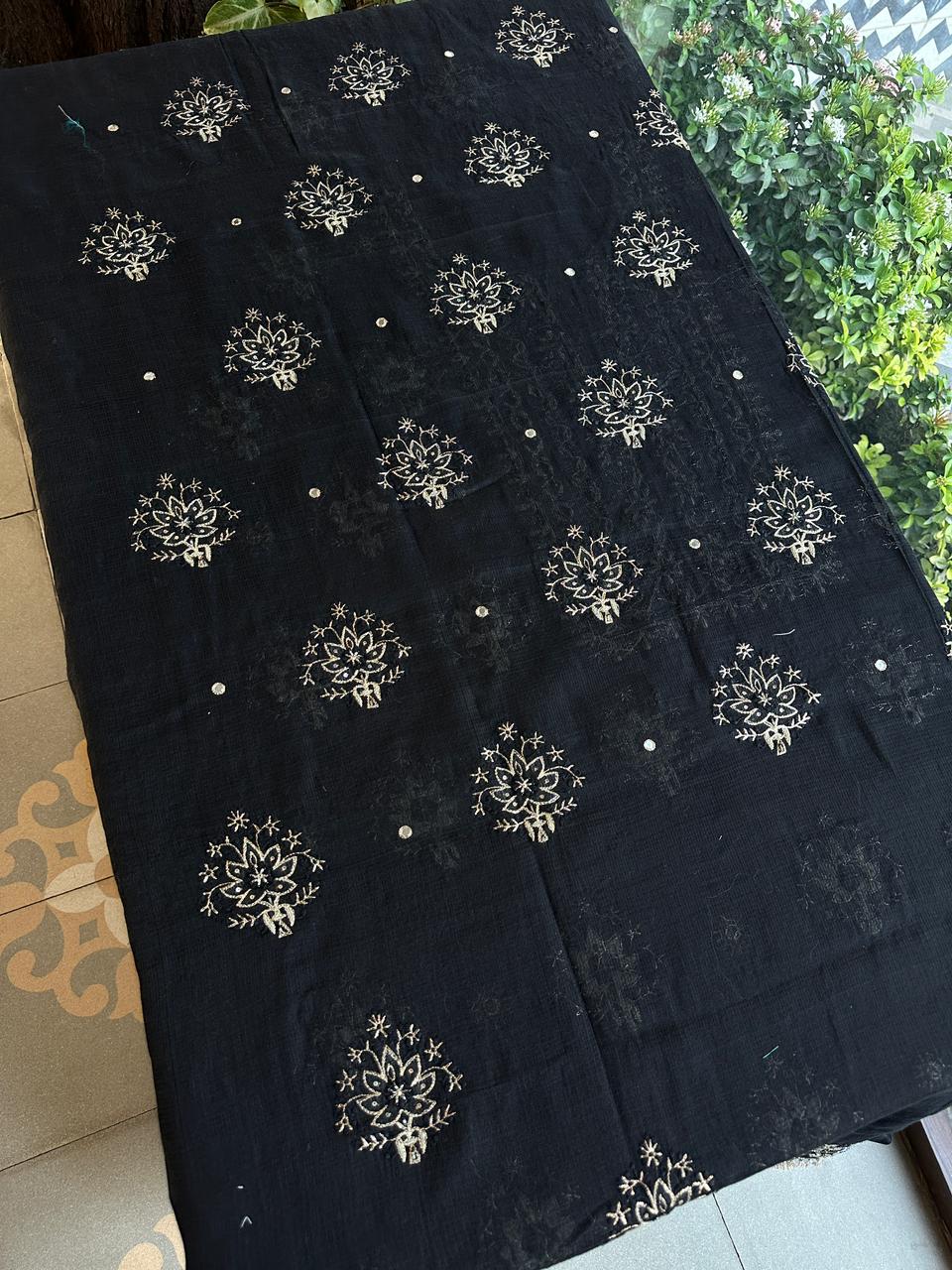 Jet Black Handloom Kota Chikankari Unstitched Kurta Dupatta Set