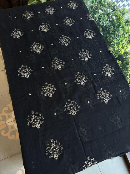Jet Black Handloom Kota Chikankari Unstitched Kurta Dupatta Set