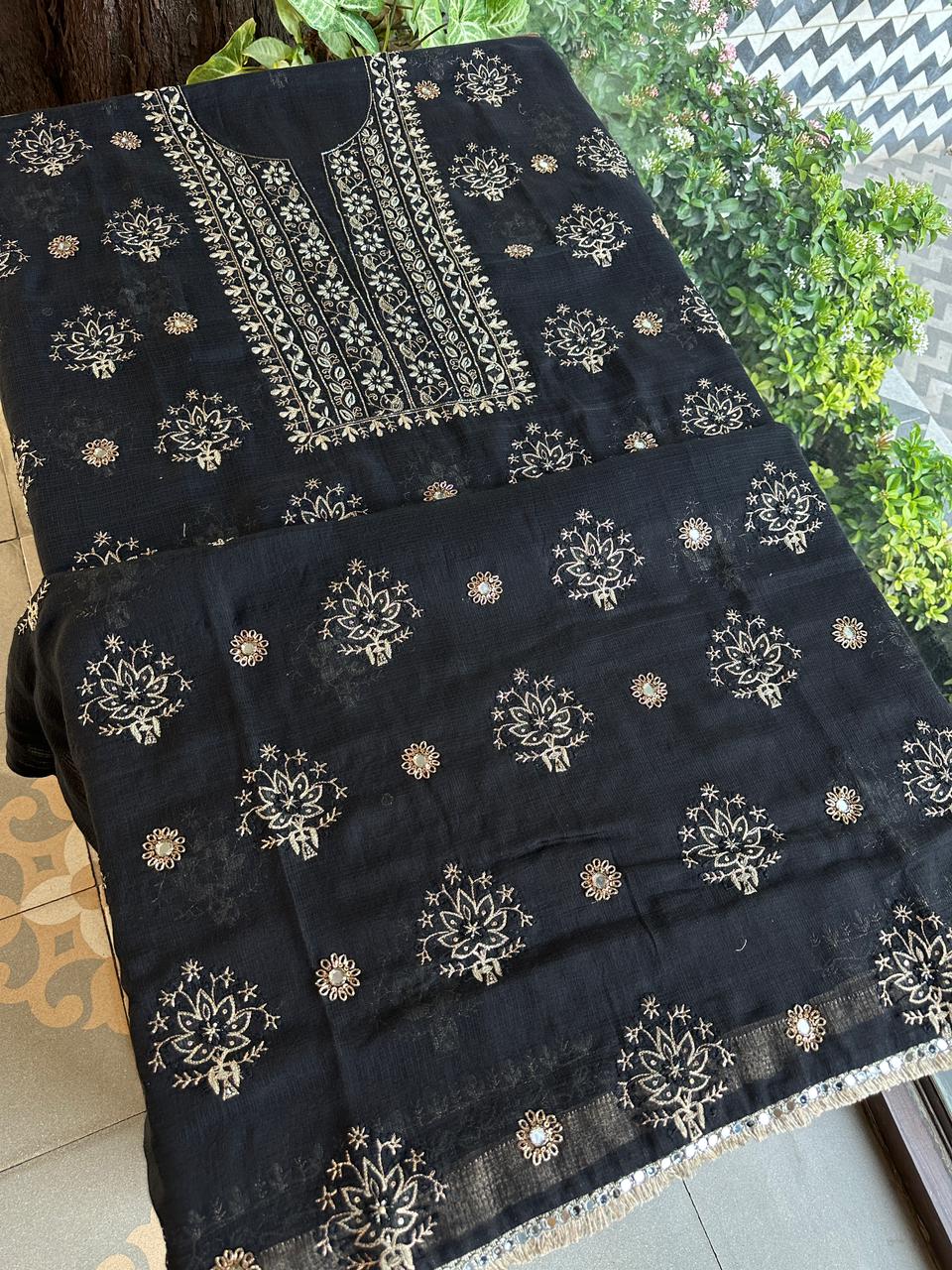 Jet Black Handloom Kota Chikankari Unstitched Kurta Dupatta Set