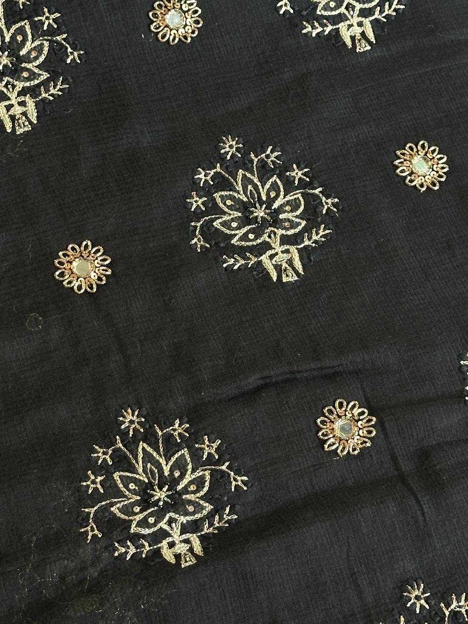 Jet Black Handloom Kota Chikankari Unstitched Kurta Dupatta Set