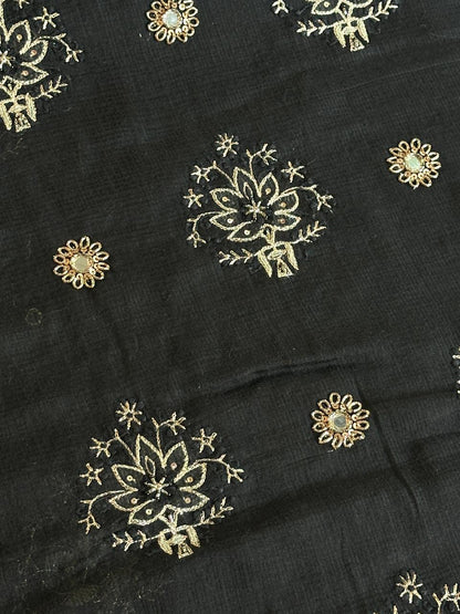 Jet Black Handloom Kota Chikankari Unstitched Kurta Dupatta Set