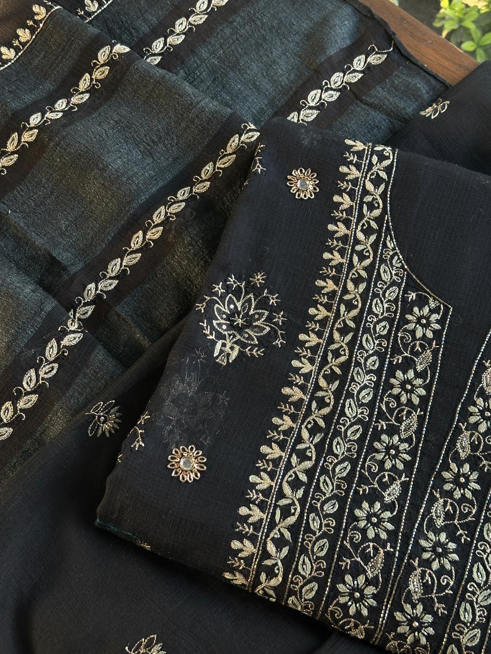 Jet Black Handloom Kota Chikankari Unstitched Kurta Dupatta Set