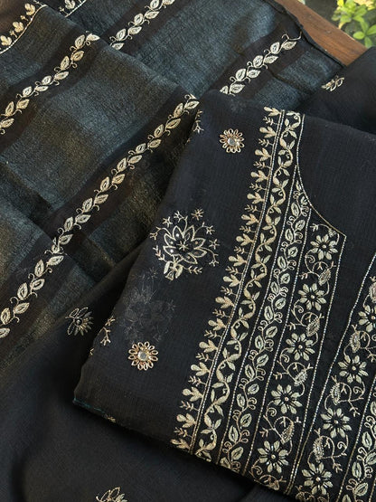 Jet Black Handloom Kota Chikankari Unstitched Kurta Dupatta Set