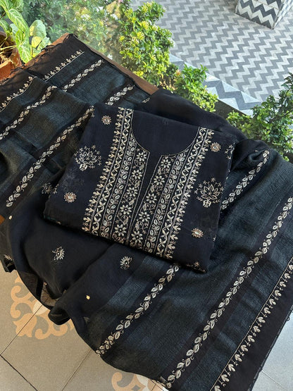 Jet Black Handloom Kota Chikankari Unstitched Kurta Dupatta Set