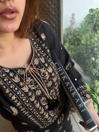 Jet Black Mirror Work Handloom Kota Chikankari Ready to Wear Kurta Set