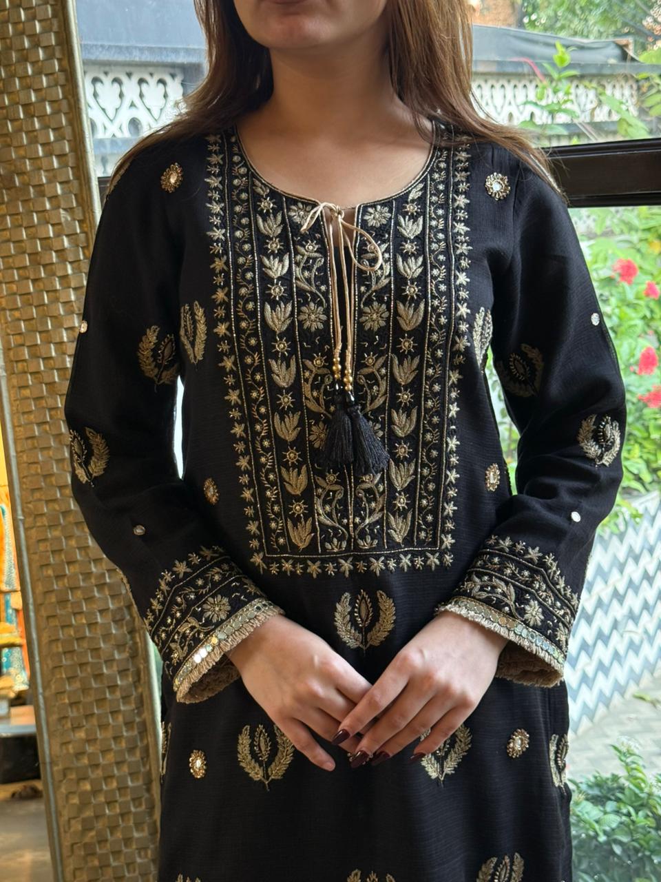 Jet Black Mirror Work Handloom Kota Chikankari Ready to Wear Kurta Set