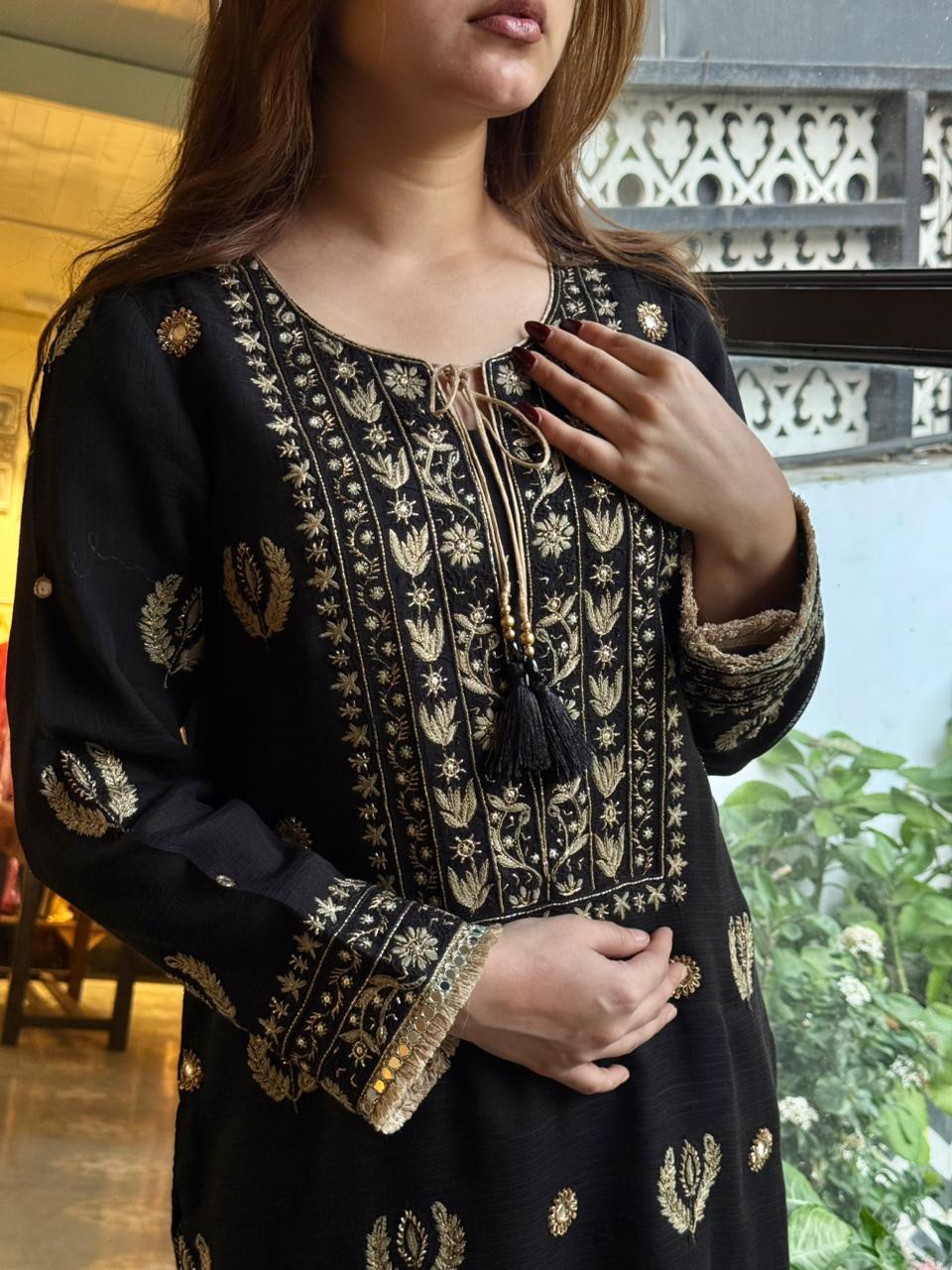 Jet Black Mirror Work Handloom Kota Chikankari Ready to Wear Kurta Set
