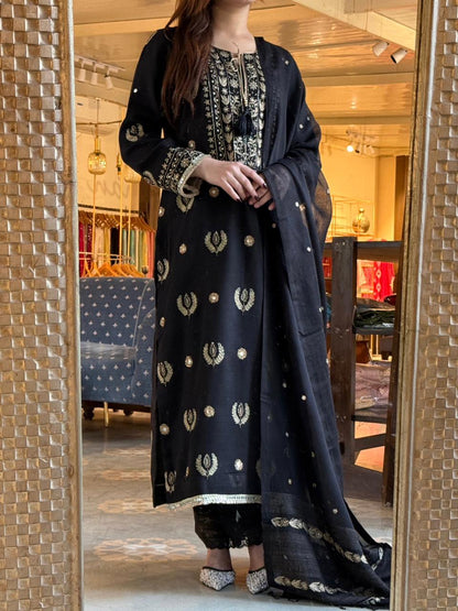 Jet Black Mirror Work Handloom Kota Chikankari Ready to Wear Kurta Set