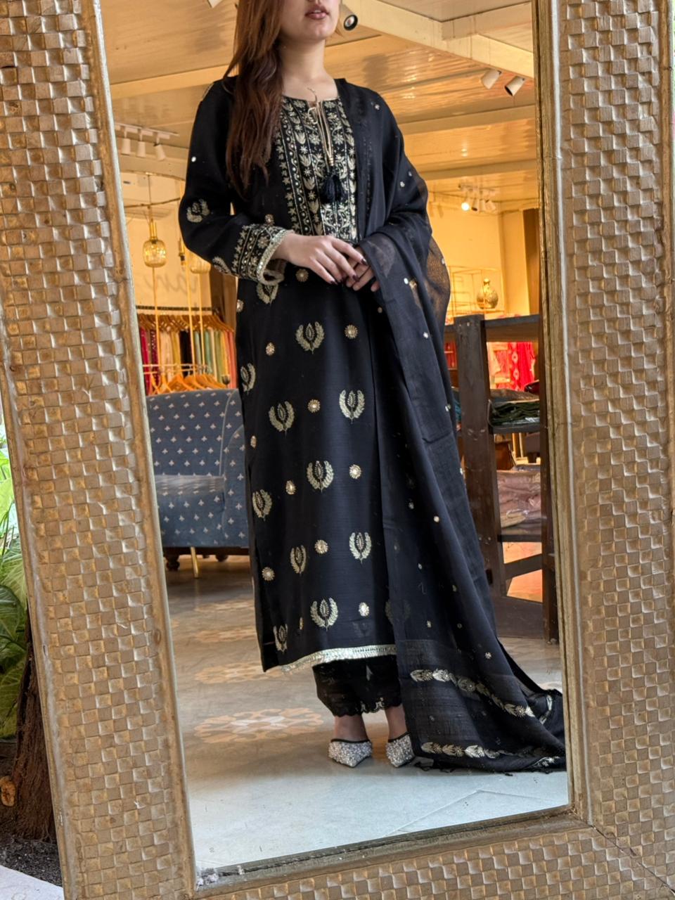 Jet Black Mirror Work Handloom Kota Chikankari Ready to Wear Kurta Set