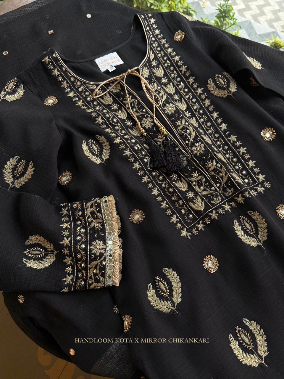 Jet Black Mirror Work Handloom Kota Chikankari Ready to Wear Kurta Set