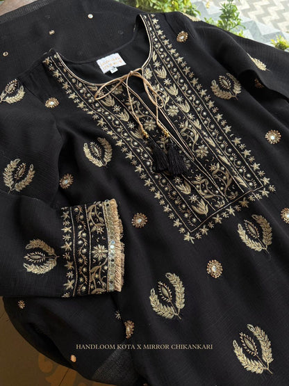 Jet Black Mirror Work Handloom Kota Chikankari Ready to Wear Kurta Set